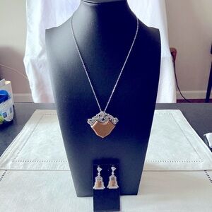 Brown Jasper and Marcasite Pendant Necklace and Earrings